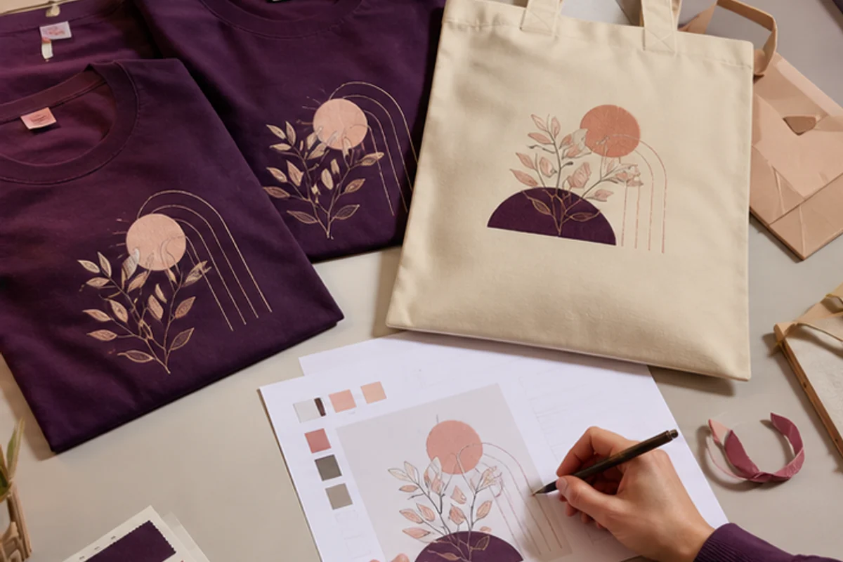 Merchandise design proof and physical samples reviewed together