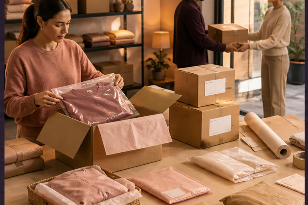 Recyclable merchandise packaging blank shipping labels tracking handoff and returns materials
